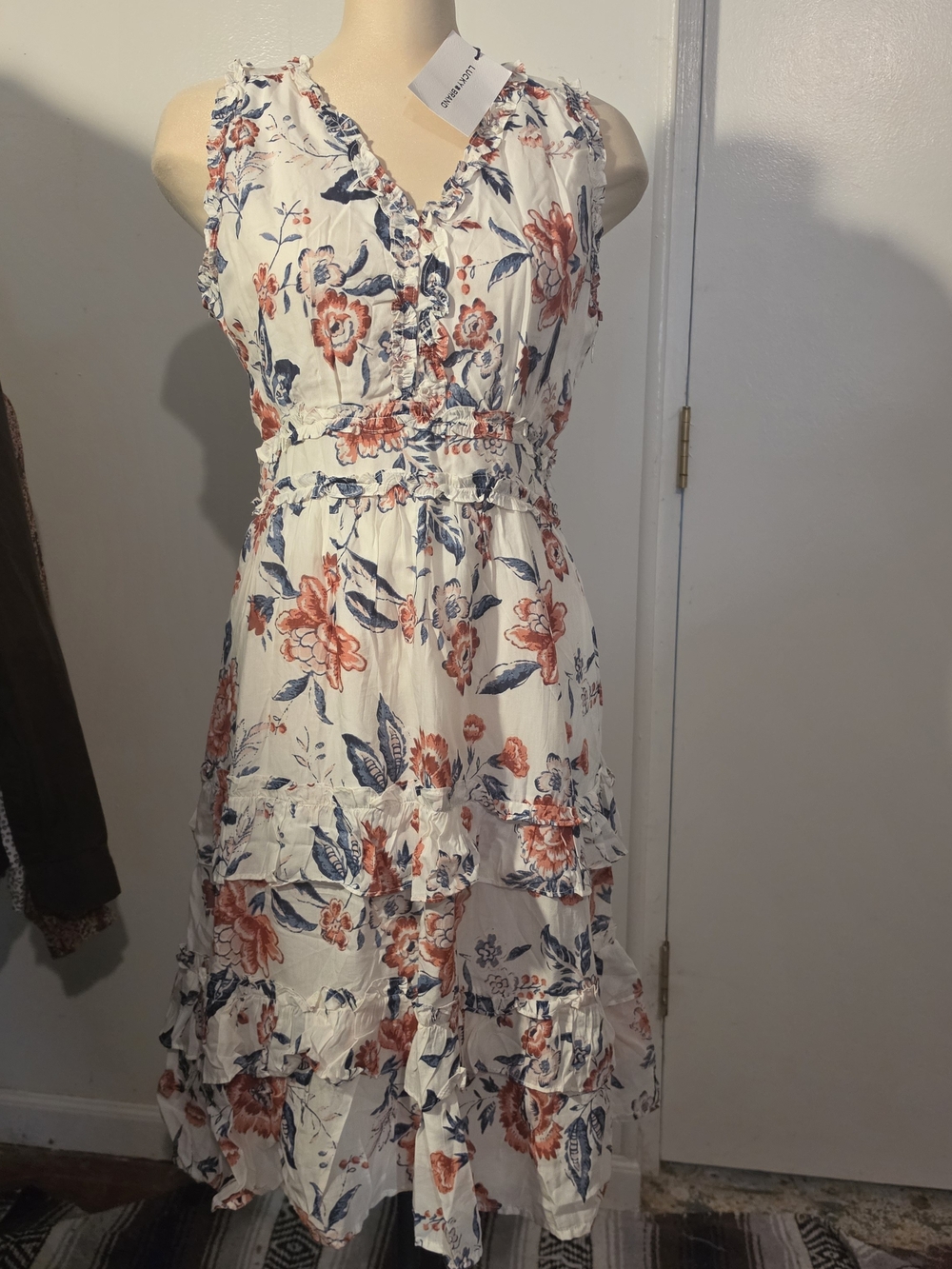 Lucky Brand White Floral Ruffle Midi Dress with Coral & Navy